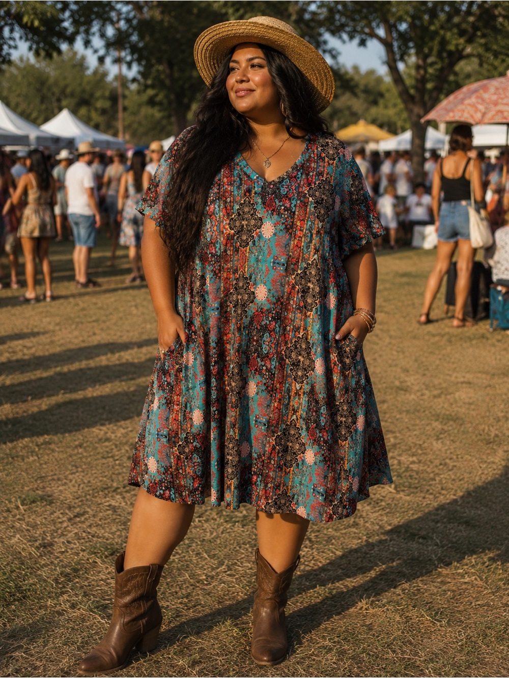 Plus Size Floral V-Neck Tunic Dress in Teal Multi
